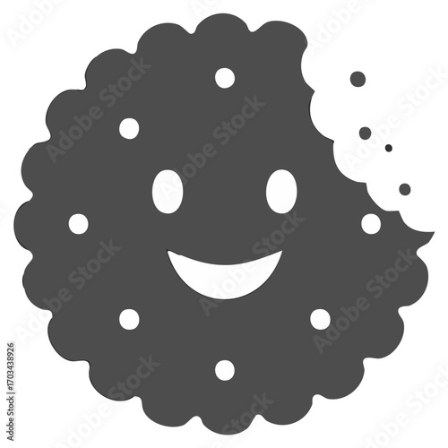 Smiley chocolate chip cookie icon with bite, black and white smiling dessert