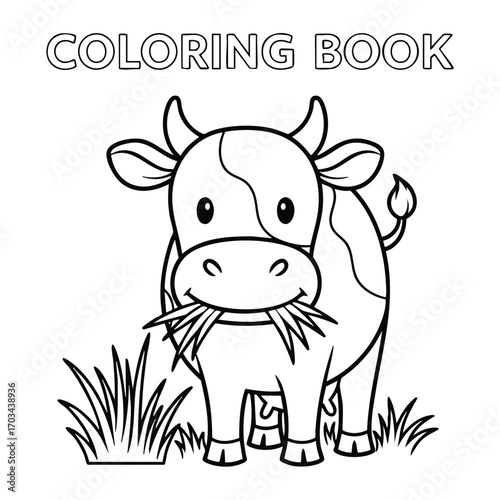 Cute cartoon cow eating grass in a simple black and white coloring book style illustration for children
