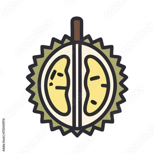 Simple flat line icon of a halved durian, a tropical and exotic fruit from Asia, vector illustration
