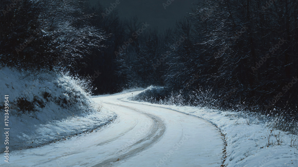 Fototapeta premium A winding snowy road through a dark winter forest landscape.