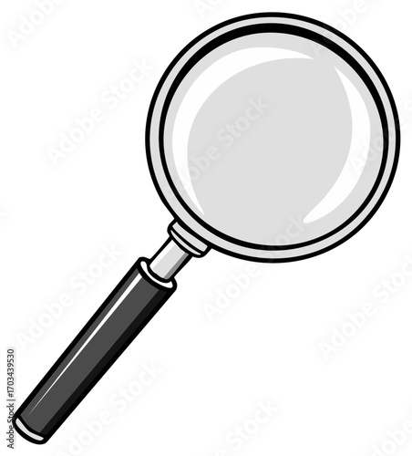 Grayscale cartoon illustration of a magnifying glass for search investigation and discovery
