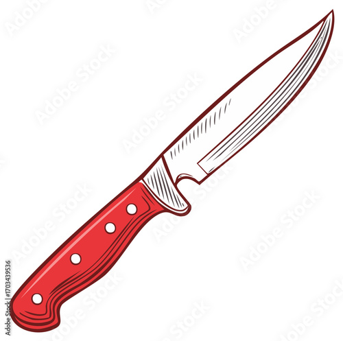 Sharp kitchen knife with red handle cooking and food preparation utensil illustration