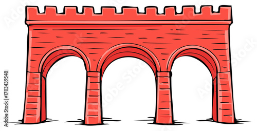 Cartoon red stone bridge with crenellated top and three arches