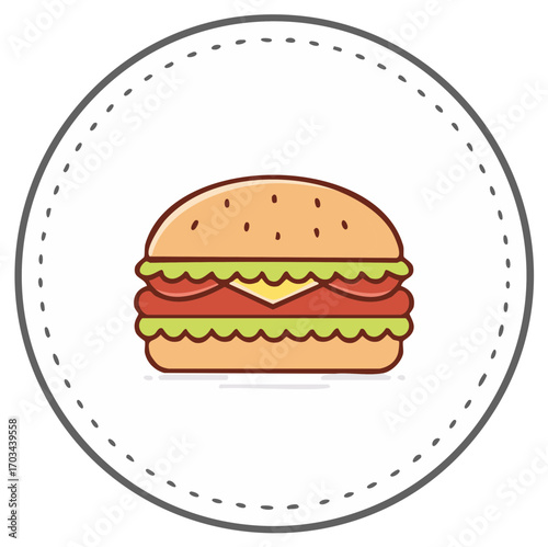 Illustration of a colorful burger with various ingredients inside a dotted circle.