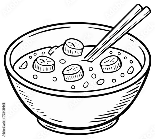 Delicious Asian Soup with Sliced Bananas and Chopsticks Detailed Line Art Illustration
