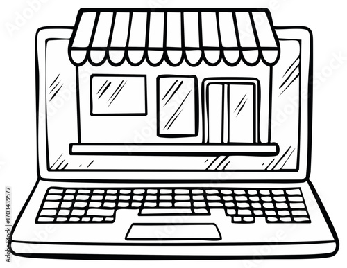 Hand drawn illustration of a laptop screen displaying a storefront with awning and windows representing online shopping