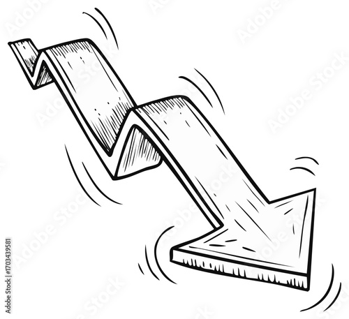 Wobbly hand-drawn arrow pointing downwards, representing economic decline, market fall, and decreasing trends