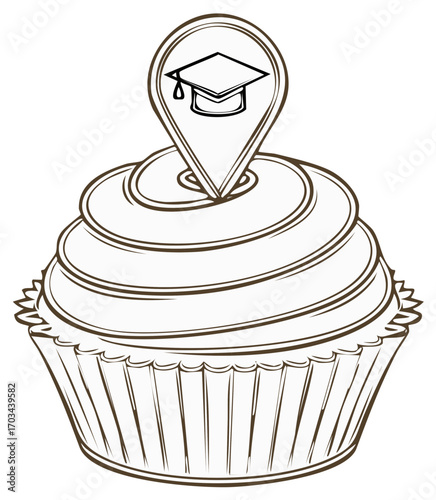 Sweet Location Marker With Graduation Cap on Top of a Cupcake Outline