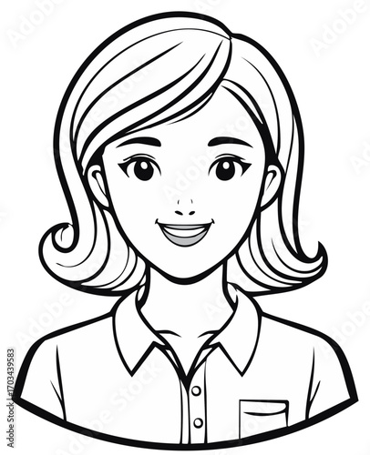 Smiling cartoon woman illustration in black and white line art with a professional shirt
