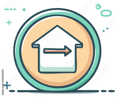 Teal circle with directional sign inside home. House icon with arrow inside a doodle circle.