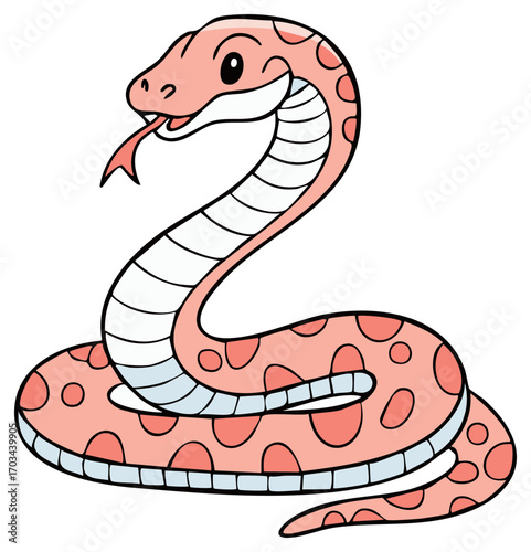 A cute friendly pink cartoon snake with spots coiled up and flicking its tongue illustration
