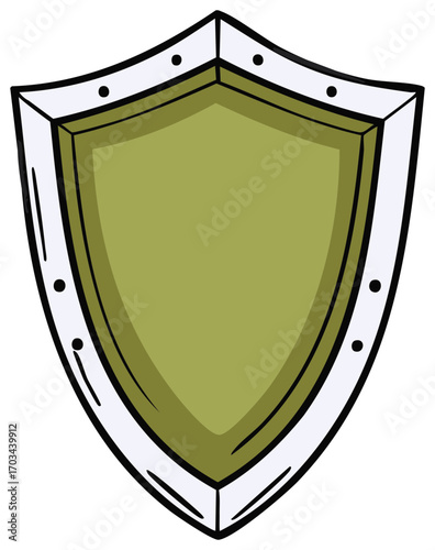 Cartoon shield with green center and metallic border, simple vector illustration
