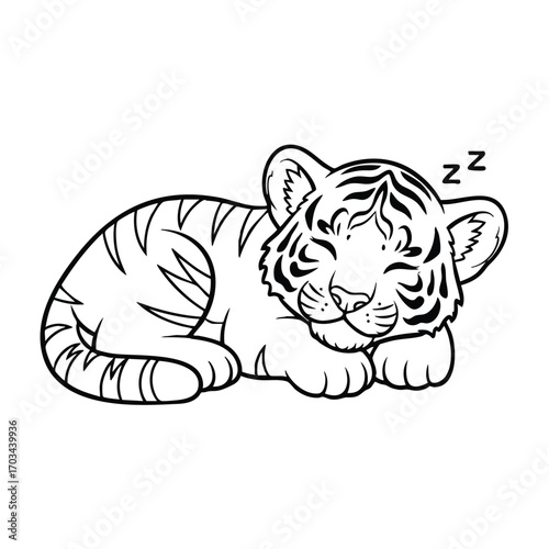 Cute sleeping tiger cub with closed eyes and peaceful expression lying down with zzz symbol above head