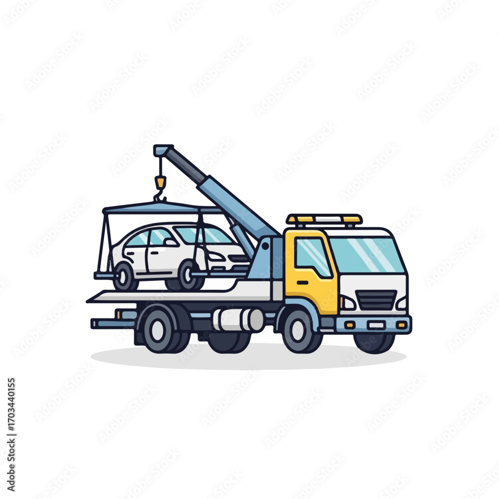 Naklejka premium Tow truck services for roadside assistance and vehicle recovery. Tow truck transports car to garage, offering roadside assistance and emergency breakdown support.