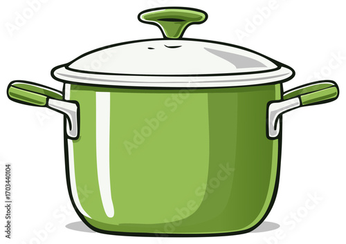 Green cooking pot with lid kitchen utensil cookware item isolated cartoon illustration