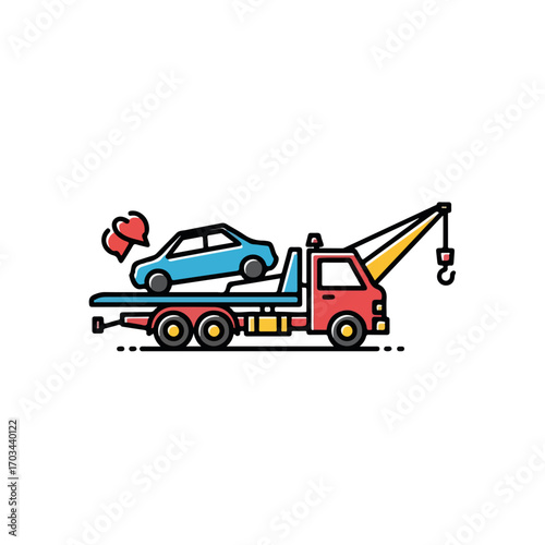 Tow truck service icon with car on flatbed, representing roadside assistance for damaged vehicles, symbolizes breakdown recovery. Tow truck service with mechanic in uniform represents assistance,