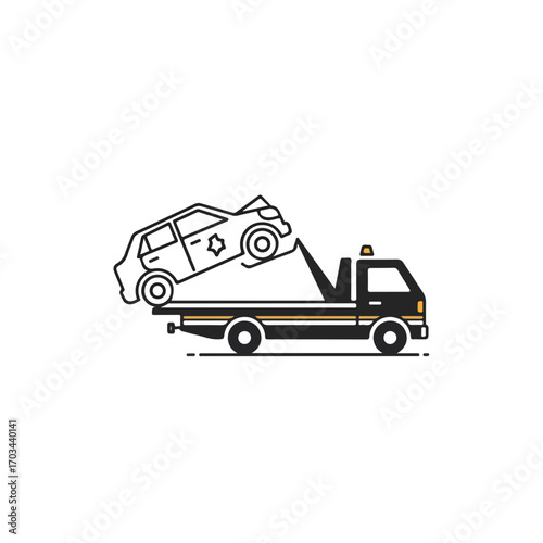Tow truck transports wrecked car after accident, tow truck provides roadside assistance, it is a service. Tow truck for emergency breakdown assistance and accident recovery.