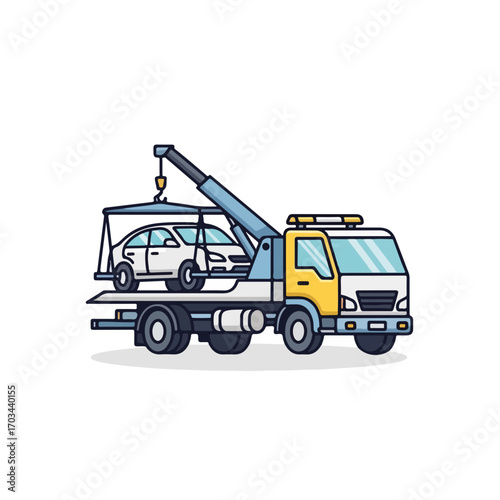 Tow truck services for roadside assistance and vehicle recovery. Tow truck transports car to garage, offering roadside assistance and emergency breakdown support.