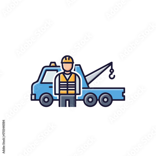 Tow truck driver wearing uniform near tow truck ready for roadside assistance. Tow truck driver is ready to help, service car and transportation.