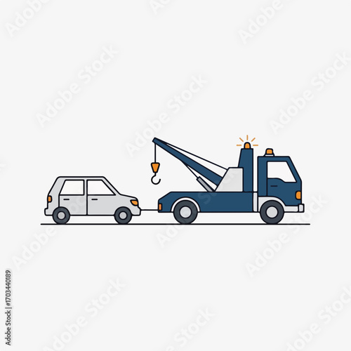 Tow truck driver and tow truck on roadside offering assistance service for car, and tow truck driver manages car breakdown. Offering roadside assistance service is crucial during an emergency,
