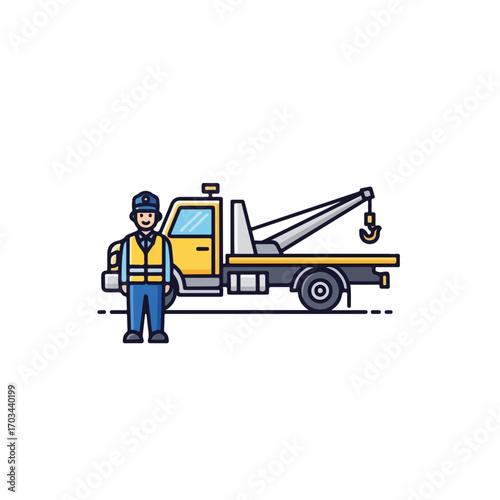 Tow truck driver stands proudly beside tow truck, ready for roadside assistance. Tow truck driver is equipped for rescue and service to assist with any vehicle breakdown.
