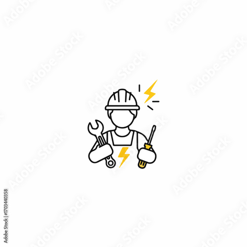Line drawing of electrician in uniform holding wrench and screwdriver, electrician is ready to do repair work. This electrician worker is wearing safety helmet and uniform for protection.