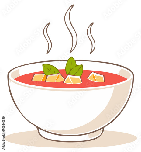 Steaming bowl of delicious tomato soup with fresh basil and bread croutons illustration
