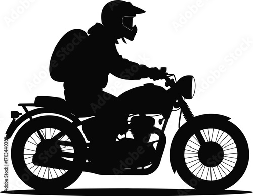 Rider on classic motorcycle with backpack silhouette
