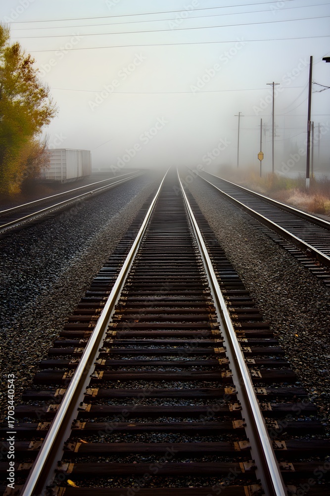 Fototapeta premium Foggy railroad tracks vanishing into the distance