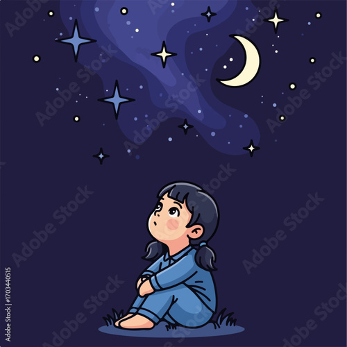 Dreamy girl watching stars in night sky, mesmerized by beauty. Dreamy night features crescent moon, stars that twinkle, inspiring wonder. Dreamy scene evokes childhood innocence and inspiration,