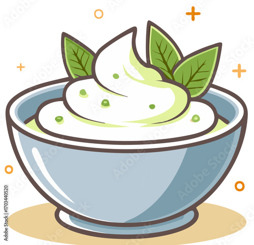 Bowl of Dip with Fresh Leaves, Cute Cartoon Style, Food Illustration