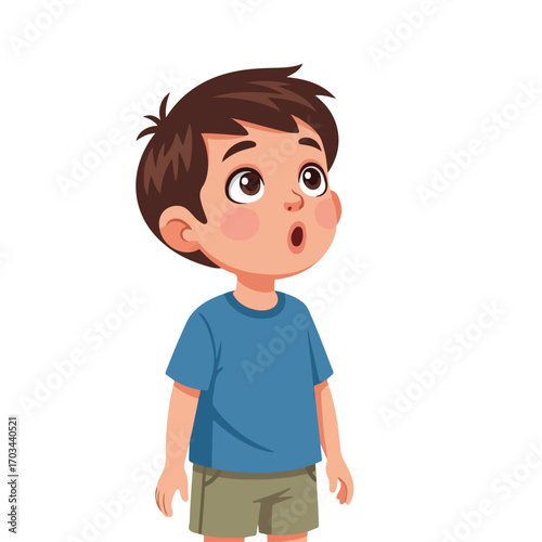Surprised kid gazes upwards with wide eyes, showcasing amazed expression. Astonished toddler captures pure reaction, childlike wonder, innocence, and curiosity, symbolizing potential, growth,