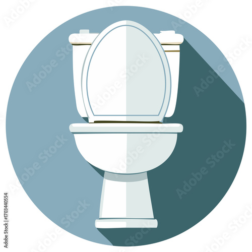 Front view of a white toilet with its lid open rendered in a contemporary flat design illustration style