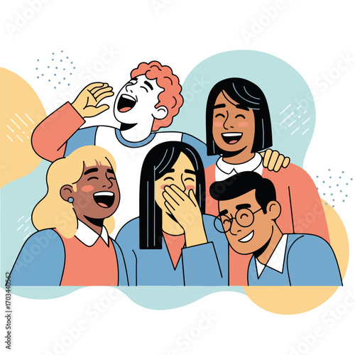 Group laughing illustration showing five young adults having fun. Group laughing illustrates friendship, with diverse friends in casual clothes embracing and chuckling together,