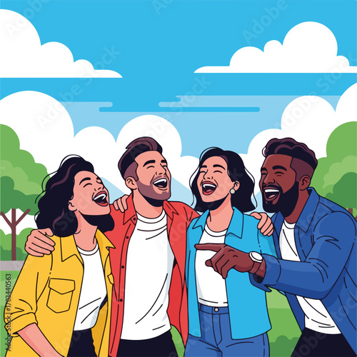 Group of friends laughing together in park, enjoying sunny day. People laughing are young and have fun. Group of friends laughing create joy and positivity, ideal for social media, or advertising.