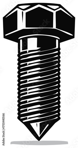 Bold black and white graphic illustration of a single hex bolt screw