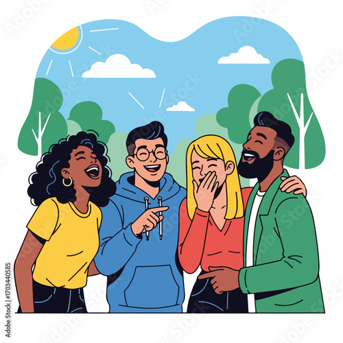 Group laughing together in park, happy friends joke together. Group laughing together showcases joy and friendship in outdoor setting. Capture moments together,