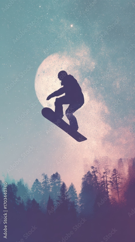 Naklejka premium Double exposure snowboarder midjump in cosmic background
