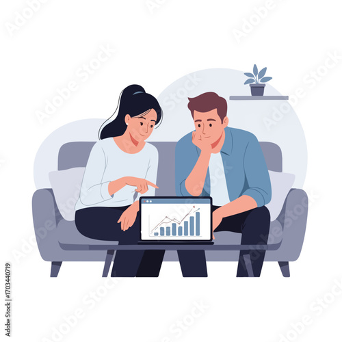 Parents with laptop showing financial growth charts on screen at home. Parents with laptop analyze data and plan investments to improve family's financial future,