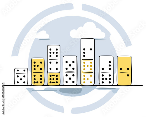 Domino pieces illustration showing a rising trend with clouds and an incomplete circle behind.