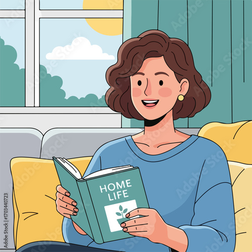Home life depiction featuring woman reading book while sitting on couch near sunny window. Peaceful home life includes plant imagery on book's cover, evoking calm and serenity.