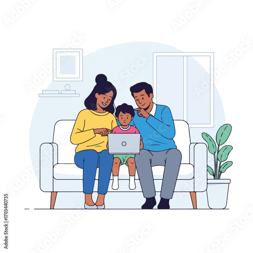 Parents with laptop in cozy living room interior, smiling and watching content together. Parents with laptop are sitting on sofa and enjoy spending time together.