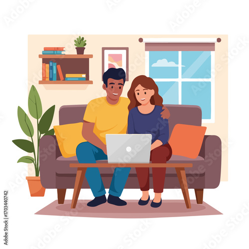 Parents with laptop at home relaxing together on sofa, watching movie and smiling. Loving parents with laptop enjoy time, using notebook to connect. Happy parents with laptop for remote communication,
