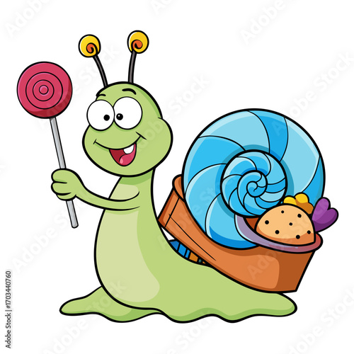 Cartoon cute snail carrying candy shop on colorful shell.svg