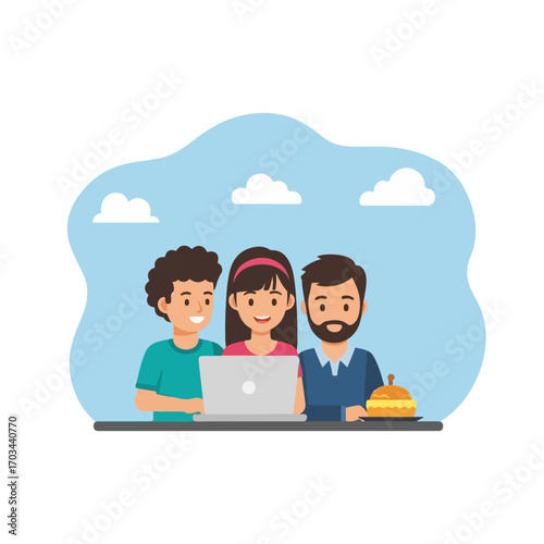 Happy parents with laptop watching family movie together at home. Parents with laptop share entertainment, as parents with laptop sit side-by-side, enjoying each other's company and modern technology.