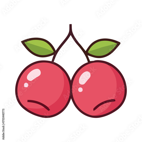 A pair of unhappy cartoon cherries with a sad frowning expression. Cute fruit character illustration