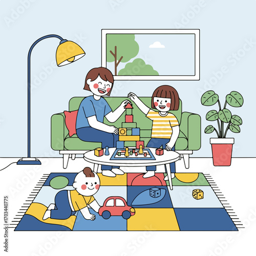 Living room play with smiling mother and daughter building tower blocks on table with toddler. Living room play includes family fun, laughter, learning, and child's development,