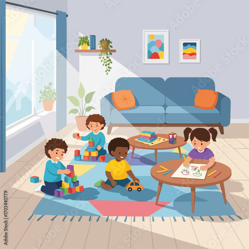 Diverse children engaged in living room play, building colorful blocks and drawing pictures in spacious room. Living room play shows kids having fun together, fostering creativity and social skills.