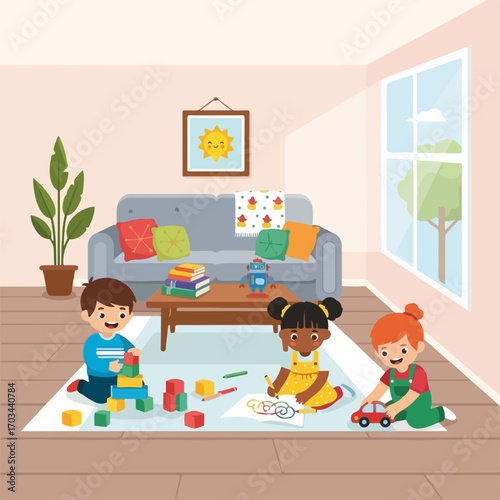 Delightful living room play scene showcasing children engaged with toys and activities, surrounded by playful decor. Living room play involves two boys and one girl enjoying building blocks, drawing,