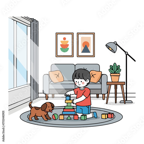 Child playing with toys with cute dog in living room, happy activity. Family cooking is fun with blocks and ball, enjoying playtime together, creative learning, and pet bonding. Family cooking,